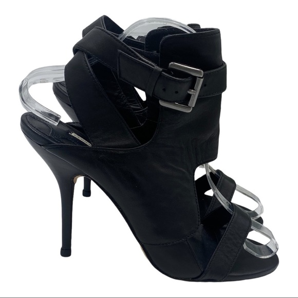 Leon Max Black Palor All Leather Open Toe Heels Wrap Ankle Sz 8M - Picture 5 of 16